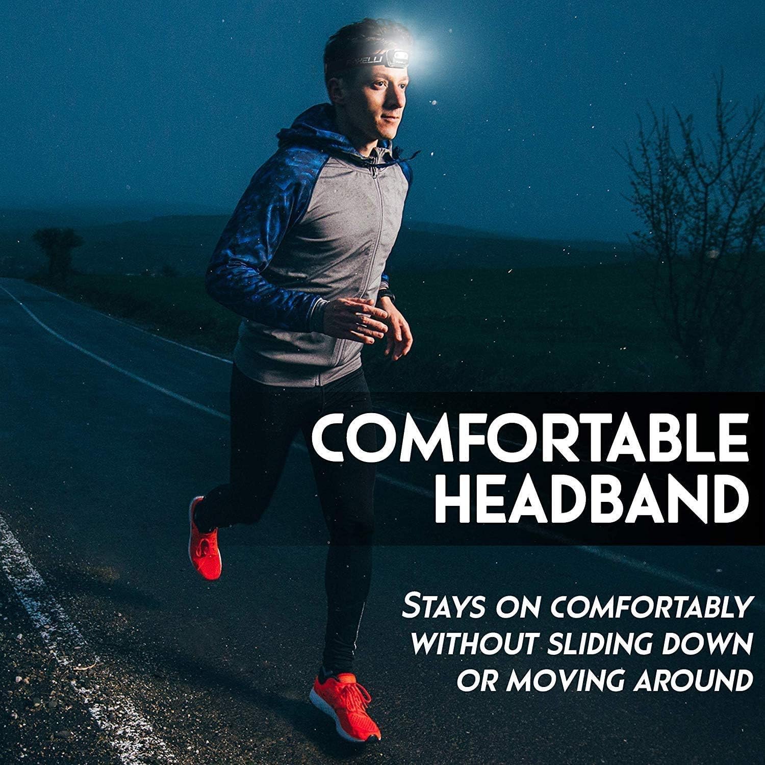 Foxelli Headlamp Flashlight - 165 Lumen, 3 x AAA Batteries Operated, Bright White Cree Led + Red Light, Perfect for Runners, Lightweight, Waterproof, Adjustable Headband, 3 AAA Batteries Included: Sports & Outdoors