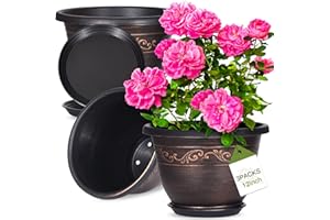 POTTIFFE Plastic-Plant-Flower-Planters-12 Inch with Drainage Hole & Saucer, 3 Packs Lightweight Small Resin Flower Pot Indoor Outdoor, Retro Antique Imitation Decorative Garden Containers Sets for Houseplants