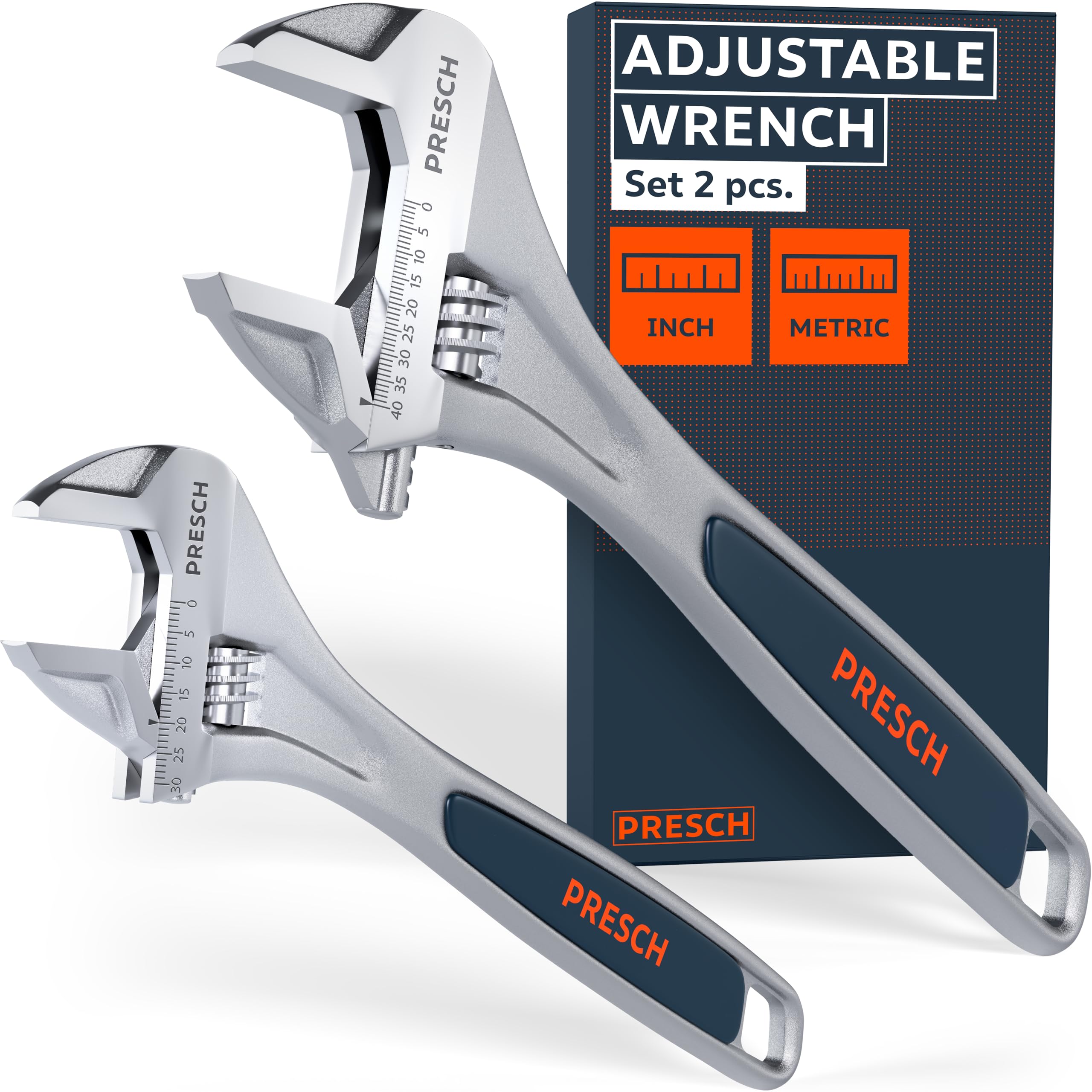 PRESCH Adjustable Wrench Set - 8inch & 12inch - Laser-Engraved Scale 30mm and 40mm (Metric & inch) - Precision-Milled for Optimal Grip - Sturdy, Adjustable spanners