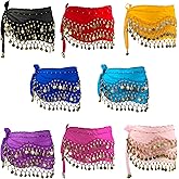 8Pcs Belly Dance Hip Scarf For Women 128 Gold Coins Belly Dancing Skirt Wrap Set Bling Sequins Performance Costume Beaded Belt Outfits Accessories Waist Chains