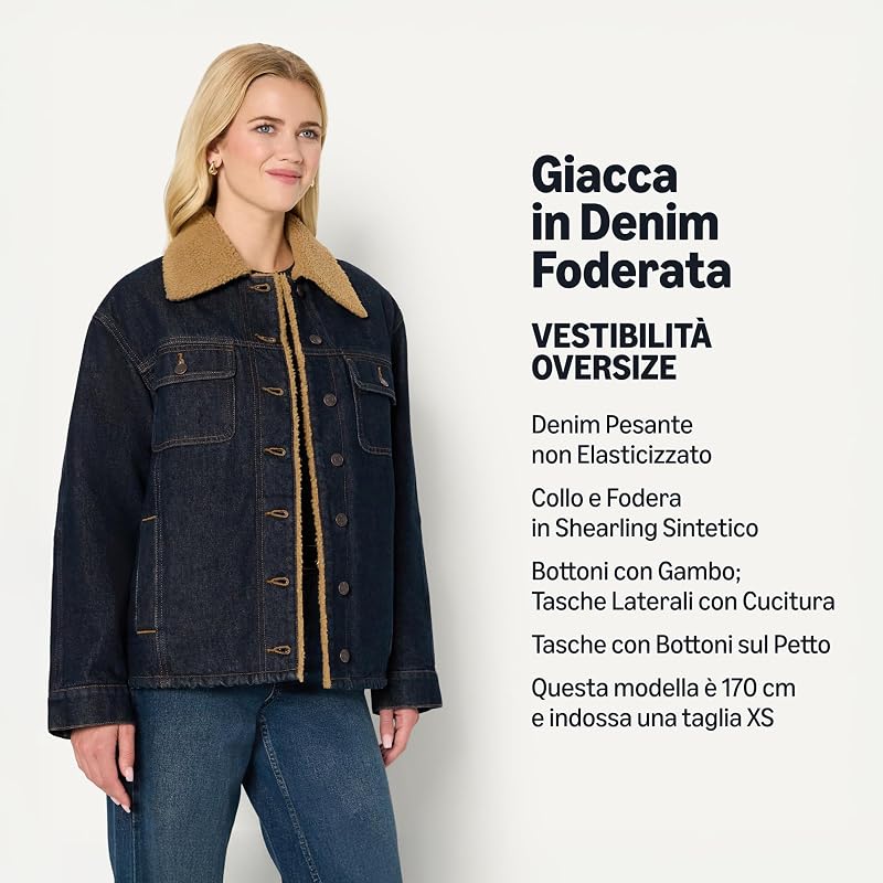 Giacca di Jeans Oversize Imbottita da Donna con Fodera in Montone Sintetico Donna, Risciacquo, M