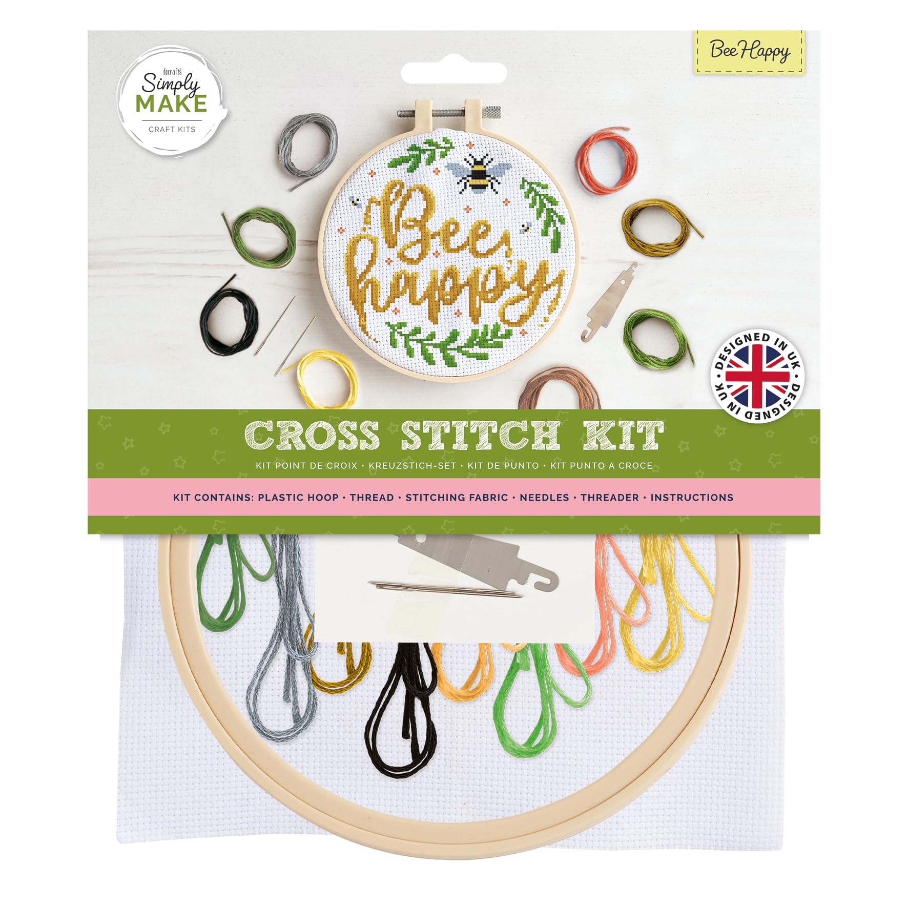 Simply Make Cross Stitch Kit, Bee Happy, Multicoloured, Single Craft Kit, Cross Stitch Kits for Adults, Sewing Kit and Embroidery Kit for Home Crafts, Embroidery Threads Included — image 1