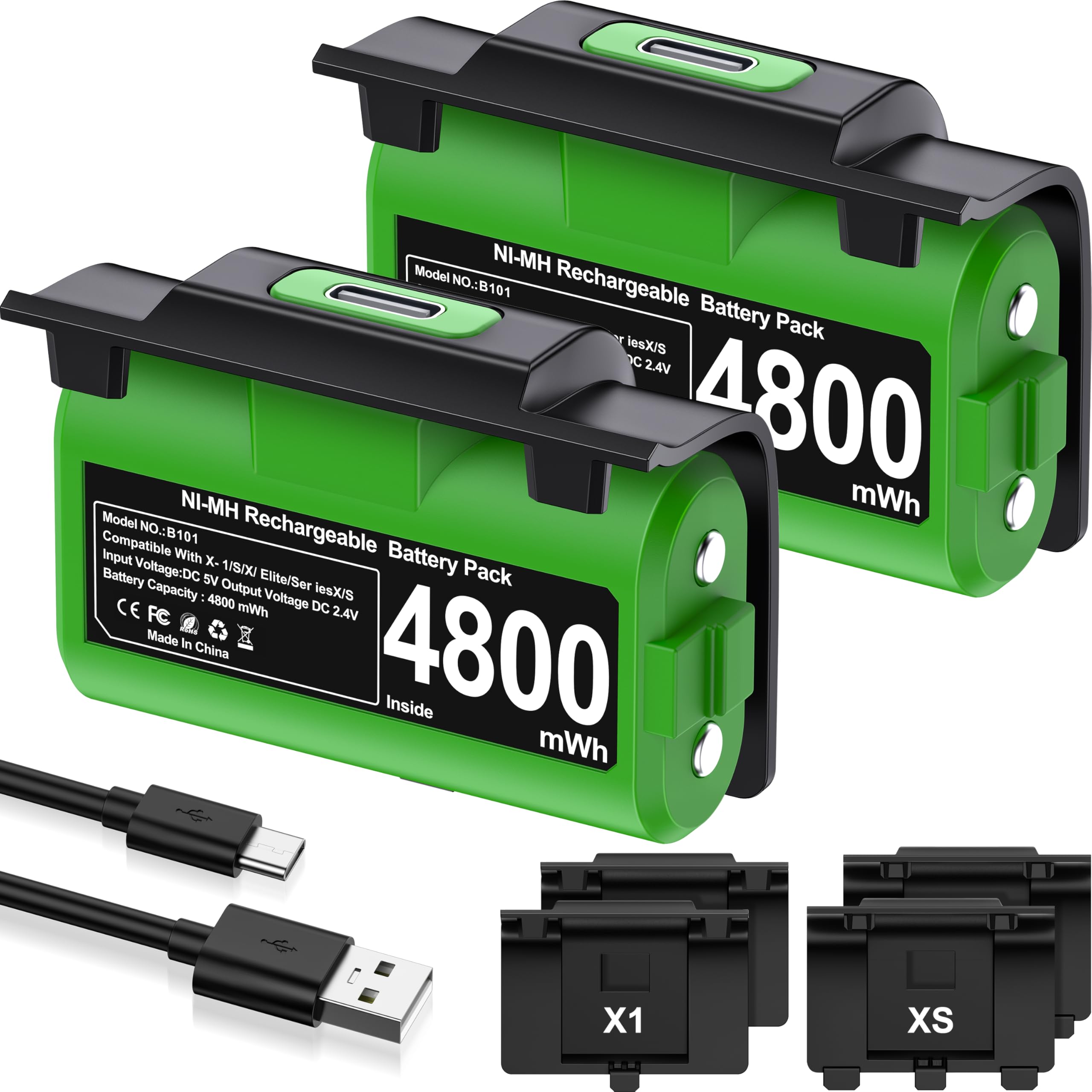 EXTREMECOOL Rechargeable Xbox Controller Battery Pack for Xbox Series X|S/One S|X/One Elite Controllers, Xbox Play and Charge Kit Incl. 2x4800mWh X-1 Batteries, 4x Battery Covers, USB C Charging Cable