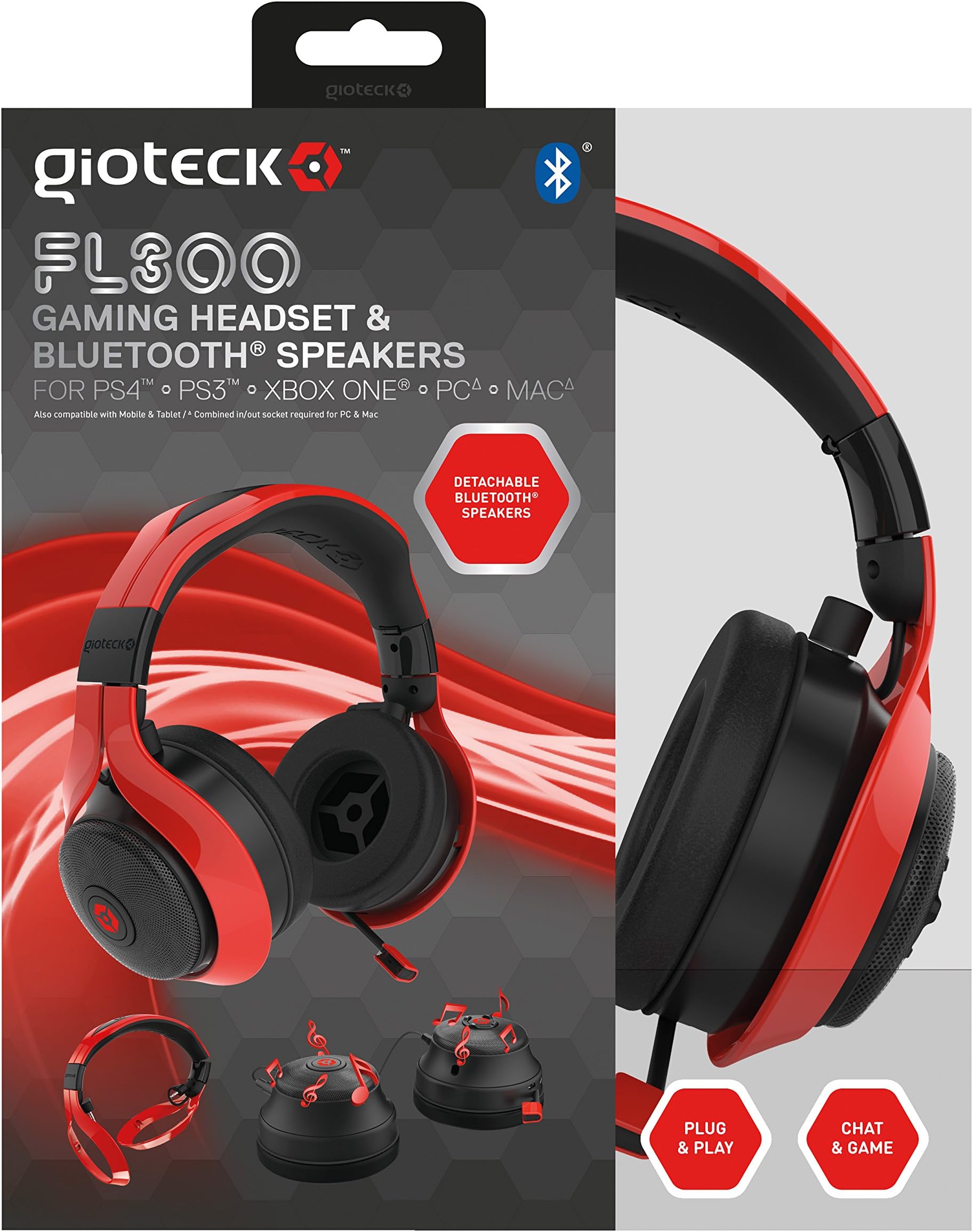 Gioteck FL300 Wired Stereo Headset with Removable Bluetooth Speakers - Red (PS4/Xbox One/Mac/PC/Playstation Vita)