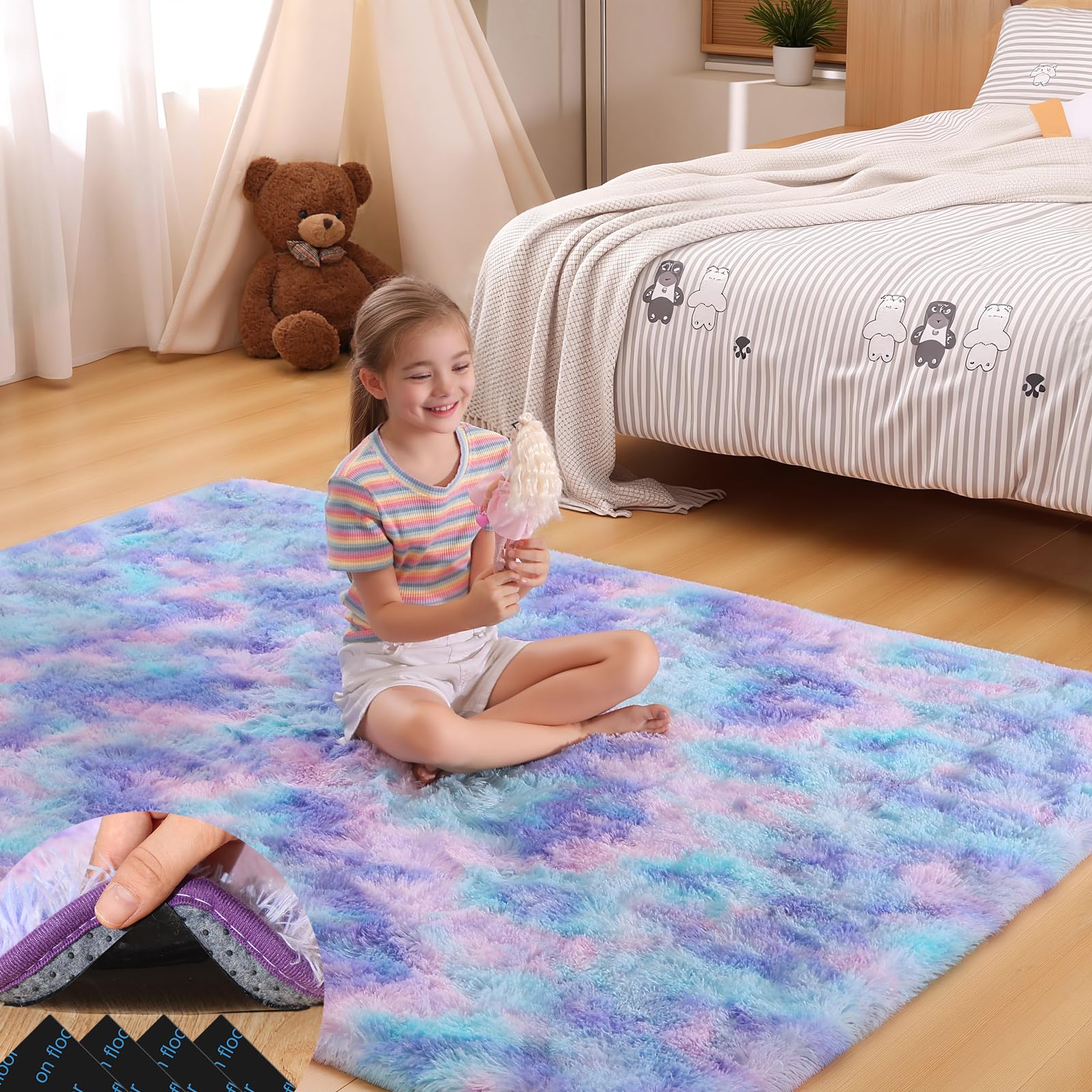 Mhyup 4x6 Rugs for Bedroom, Fluffy Small Area Rugs for Living Room, Soft Shag Fuzzy Carpet with 4 Non-Slip Stickers for Kids Boys and Girls Nursery Dorm Room Home Decor (Rainbow, 4ft x 6ft)