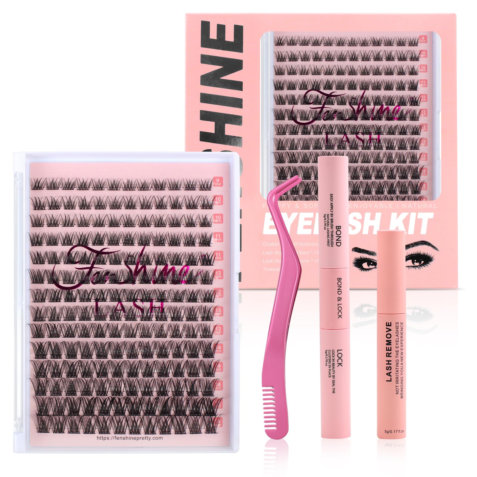 Fenshine Cluster Lashes Individual Lashes Wide Stem C/D Curl 9-15mm Length DIY Eyelash Extension Individual Soft False Lashes for Personal Use at Home (Pink Box, W-7(9-16mm)168pcs) — image 1