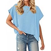 Tankaneo Womens Oversized Short Cap Sleeve Tunic Tops Summer Casual Textured Ribbed Knit T-Shirts Loose Fit Tees