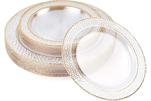 MATANA 40 Clear Plastic Party Plates with Hammered Gold Rim, 20 Dinner Plates 10.25 Inch + 20 Salad Dessert Appetizer Plates 