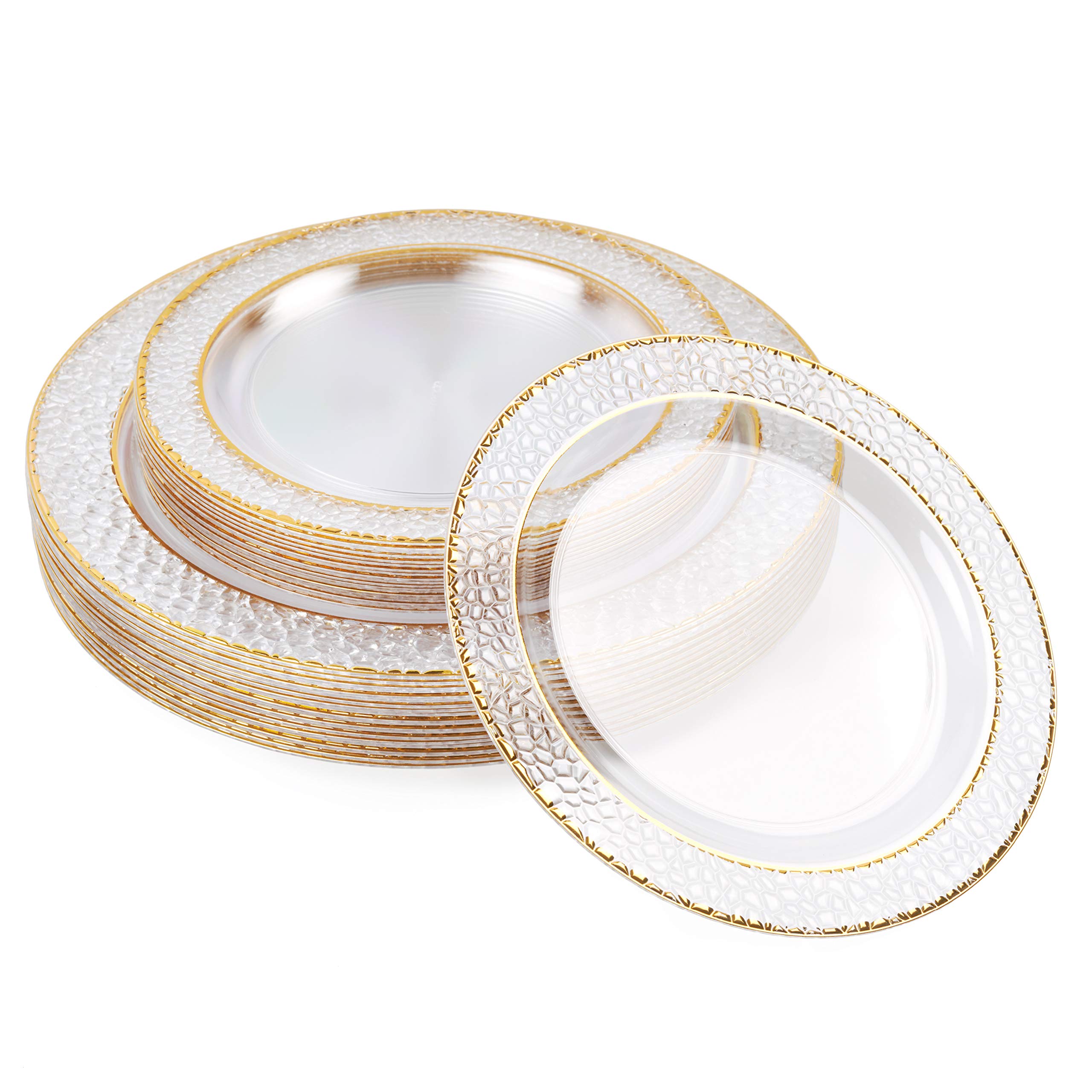 MATANA 40 Premium Hard Plastic Plates with Hammered Gold Rim - 20 x 26cm, 20 x 19cm - Reusable Gold Party Plates for Weddings, Birthdays, Christmas, Parties