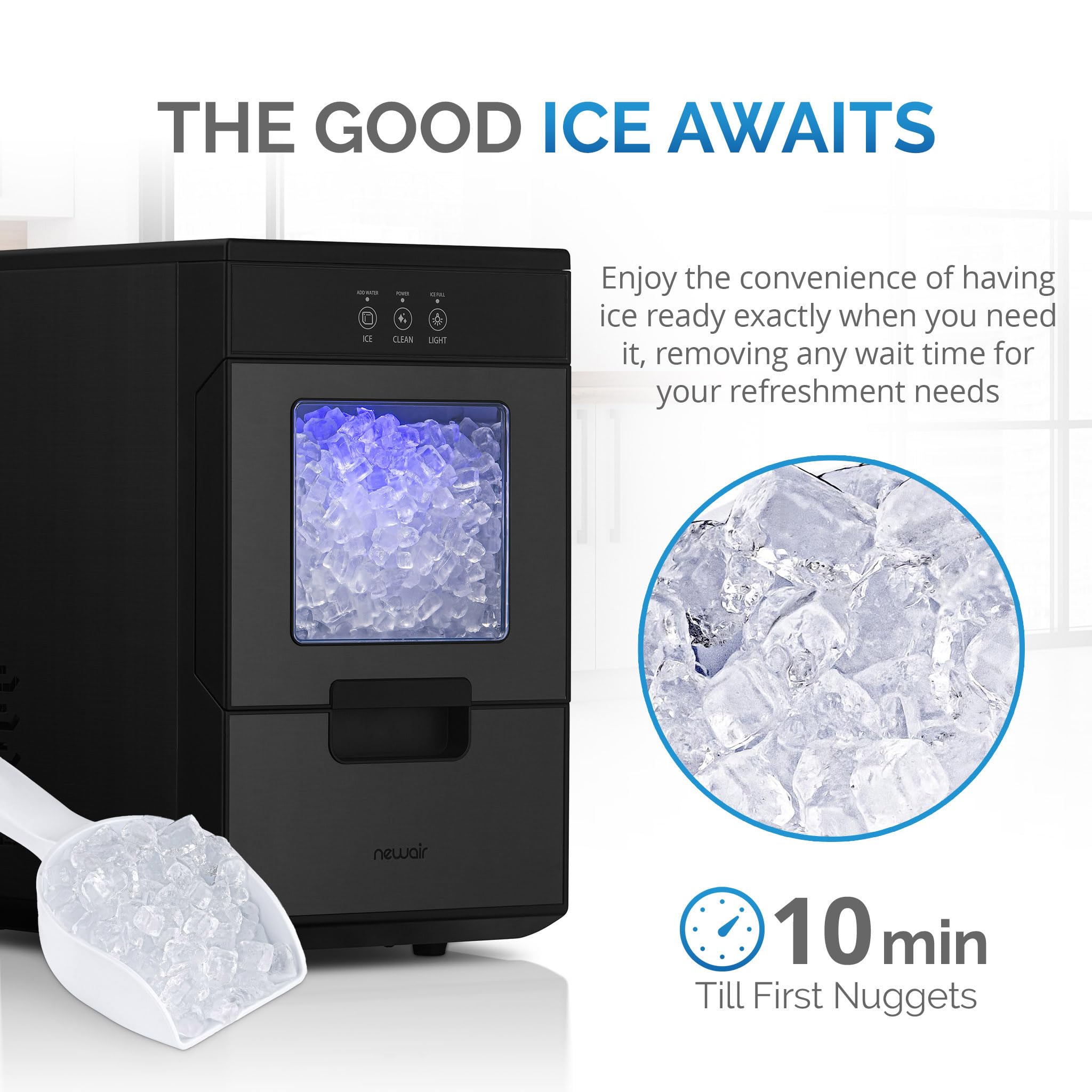 Newair Nugget Ice Maker Countertop - 44lbs/Day, Countertop Sonic Ice Machine, Self-Cleaning & Refillable Water Tank, Pebble Ice Maker, Ideal for Home Office, Kitchen or Bar | Black Stainless Steel