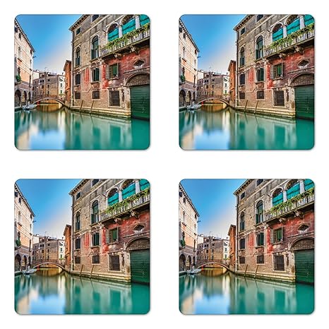 Ambesonne Venice Coaster Set Of 4 Traditional Italian Water Canal Romantic Cityscape Famous Travel Destination Square Hardboard Gloss Coasters