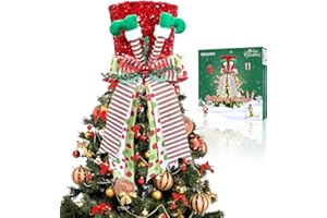 HMASYO Christmas Tree Topper, Large Red Tree Topper with Elf Legs and Bow Ribbon Ornament, Xmas Tree Topper Top Hat for Home Office New Year Winter Holiday Tree Decoration Xmas Gift