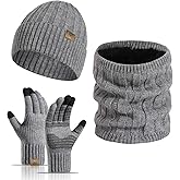 Winter Beanie Hats for Men Touchscreen Gloves Neck Warmer Scarf Set with Skull Caps for Men 3pcs/Set