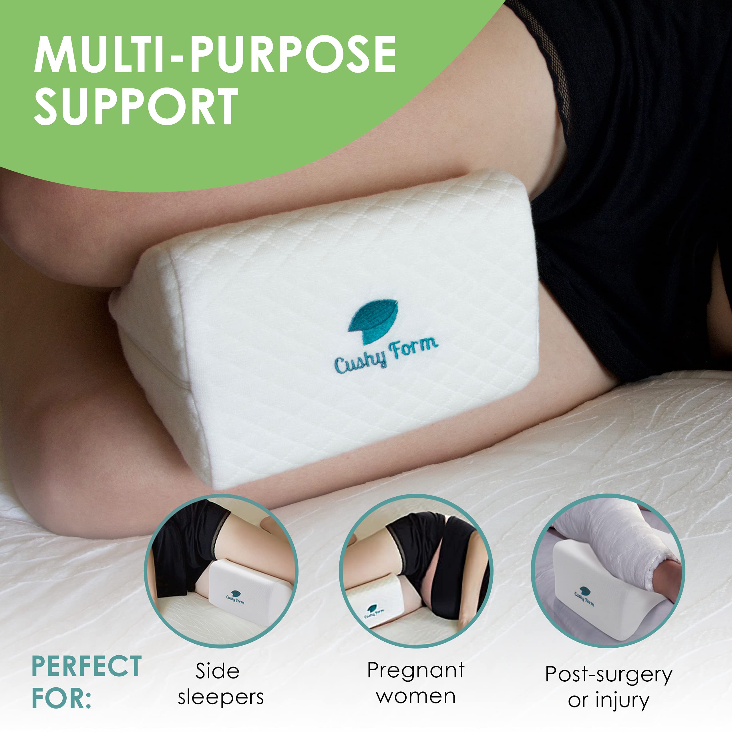 Cushy Form Knee Pillow for Side Sleepers - Standard Orthopedic Wedge Leg Pillow for Sleeping and Hip & Lower Back Pain - Contour Memory Foam Cushion for Pregnancy, Washable Cover & Travel Bag, White