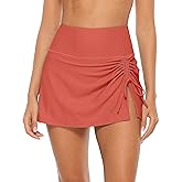 ALove Womens High Waisted Split Swim Skirt Sporty Drawstring Skirted Swim Bottom with Built-in Panty