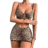 SweatyRocks Women's Leopard Print Spaghetti Strap Mid Rise Lingerie Set with Skirts