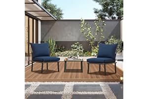 DOMI OUTDOOR LIVING Domi 3 PCS Outdoor Patio Set with Removable Navy Blue Cushions, All-Weather Modern Plastic Metal Dining Chairs Patio Furniture with Coffee Table for Balcony, Porch, Lawn