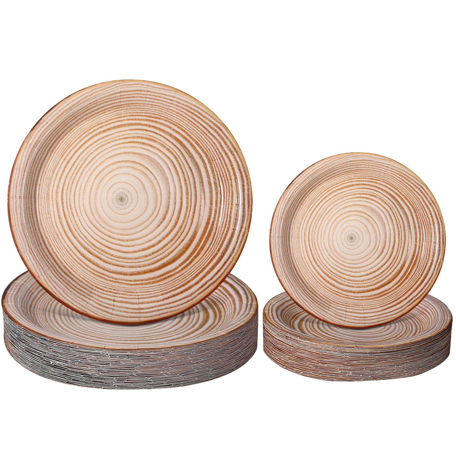 Photo 1 of Mumufy 100 Pack Light Wood Grain Paper Plates Wooden Slice Dinner Plates and Camp Fire Dessert Farmhouse Woodland Party favor for Lumberjack Party Supplies