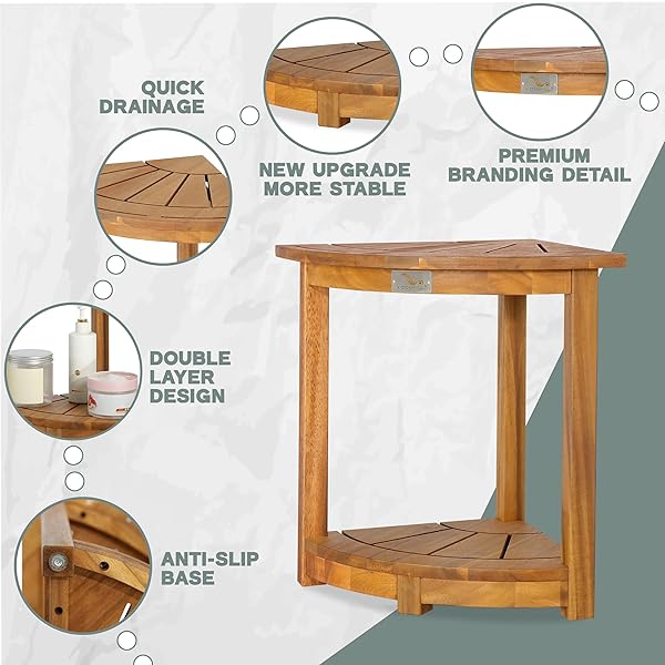 VICTORY RELAX ACACIA WOOD CORNER SHOWER SHELF FOR INSIDE SHOWER – WATERPROOF SHOWER BENCH & FOOT REST FOR SHAVING LEGS, SMALL BATHROOM SPA SEAT, NATURAL COLOR (17.9″)