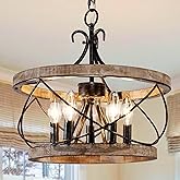 20" Farmhouse Chandelier, Rustic Drum Chandelier Light Fixture Over Table, 5-Light Pendent Light for Dining Room Vintage Wood