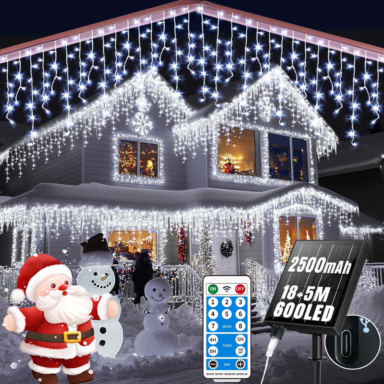 RJEDL Outdoor Solar Christmas Icicle Lights 18+5m/75.5ft 600 Led Solar Icicle String Lights with USB Port & Remote Control Hanging Lights Waterproof for Outside Backyard Balcony Decor