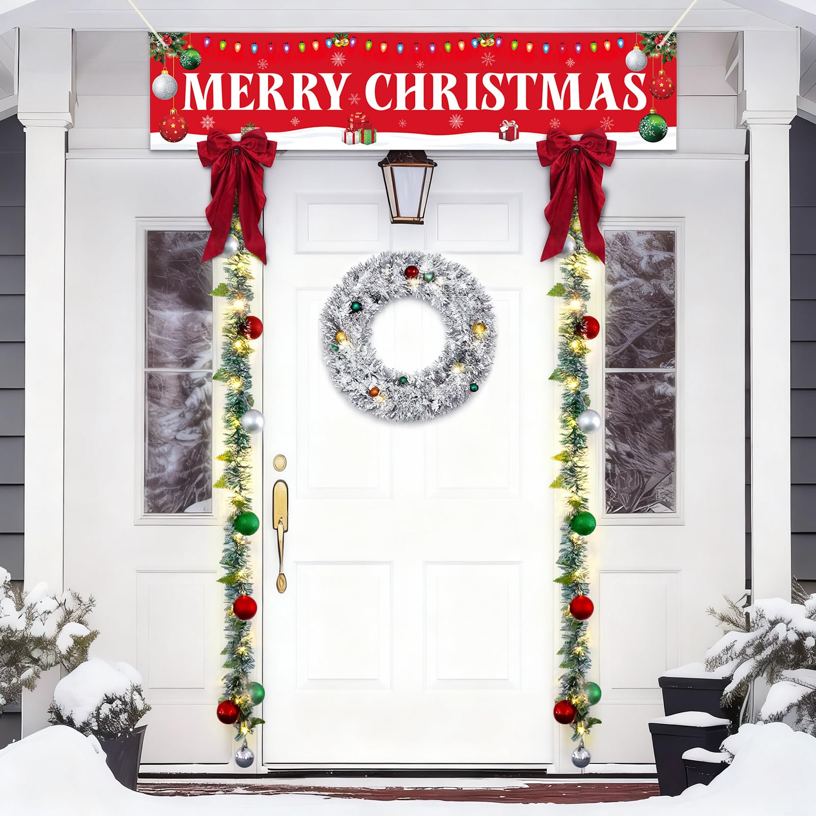 Photo 1 of 3 Pcs Christmas Decoration Outdoor Christmas Porch Sign Banner Xmas 6FT LED Garland with Bows Balls Ornament for Home Indoor Outdoor Xmas Decor Door Yard Garage Xmas Supplies