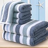Waffle Towels for Bathroom - Quick Dry | Thick | Lightweight | 500GSM, 2 Large Bath 28"x52", 4 Hand 16"x27", Cotton Polyester Blend Towels, Shower Towel with Hanging Loops, Blue Gray Stripe and White