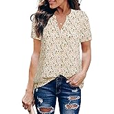 Timeson Women's V Neck Short Sleeve Curved Hem Sheer Chiffon Blouse Shirts Tops