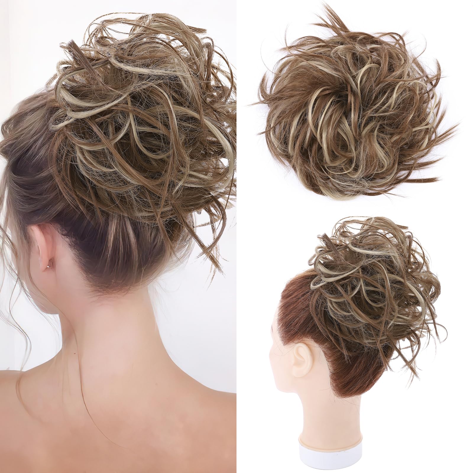 Fashion Tousled Hair Extensions Hairpiece Scrunchie Straight Elastic updo Scrunchy BUN Brown Blonde Instant Ponytail wig Hairdo Light Brown & Ash Blonde