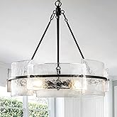 Modern Dining Room Chandelier 22” Black Textured Glass Chandelier Luxury Drum Crystal Light Fixture Farmhouse Round Hanging L