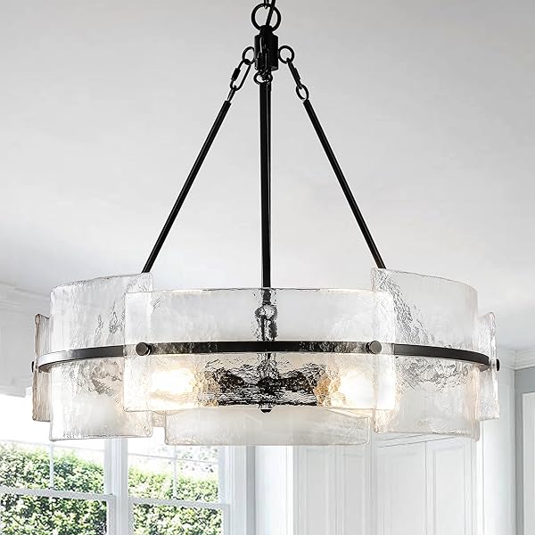 MODERN DINING ROOM CHANDELIER 22” BLACK TEXTURED GLASS CHANDELIER LUXURY DRUM CRYSTAL LIGHT FIXTURE FARMHOUSE ROUND HANGING LIGHTING FOR DINING ROOM KITCHEN ISLAND LIVING ROOM HALLWAY BEDROOM