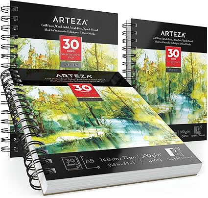 Arteza Bloc de dibujo profesional para pintar acuarelas | Tamaño A5 | Pack de 3 |