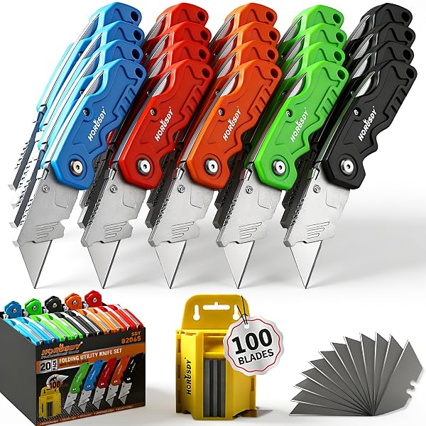 HORUSDY 20-PACK FOLDING UTILITY KNIFE SET, HEAVY-DUTY BOX CUTTERS WITH 100 EXTRA RAZOR BLADES, QUICK-CHANGE FOLDABLE KNIVES FOR DRYWALL, CARPET, BOXES, COLOR-CODED HANDLES FOR JOBSITE & HOME USE