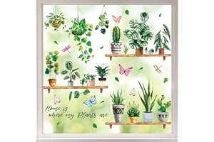 Whaline 6 Sheets Potted Plant Window Clings Palm Leaves Cactus Succulent with Spring Insects Decals Tropical Botanical Double-Sided Window Stickers for Spring Summer Home Room Classroom Decor