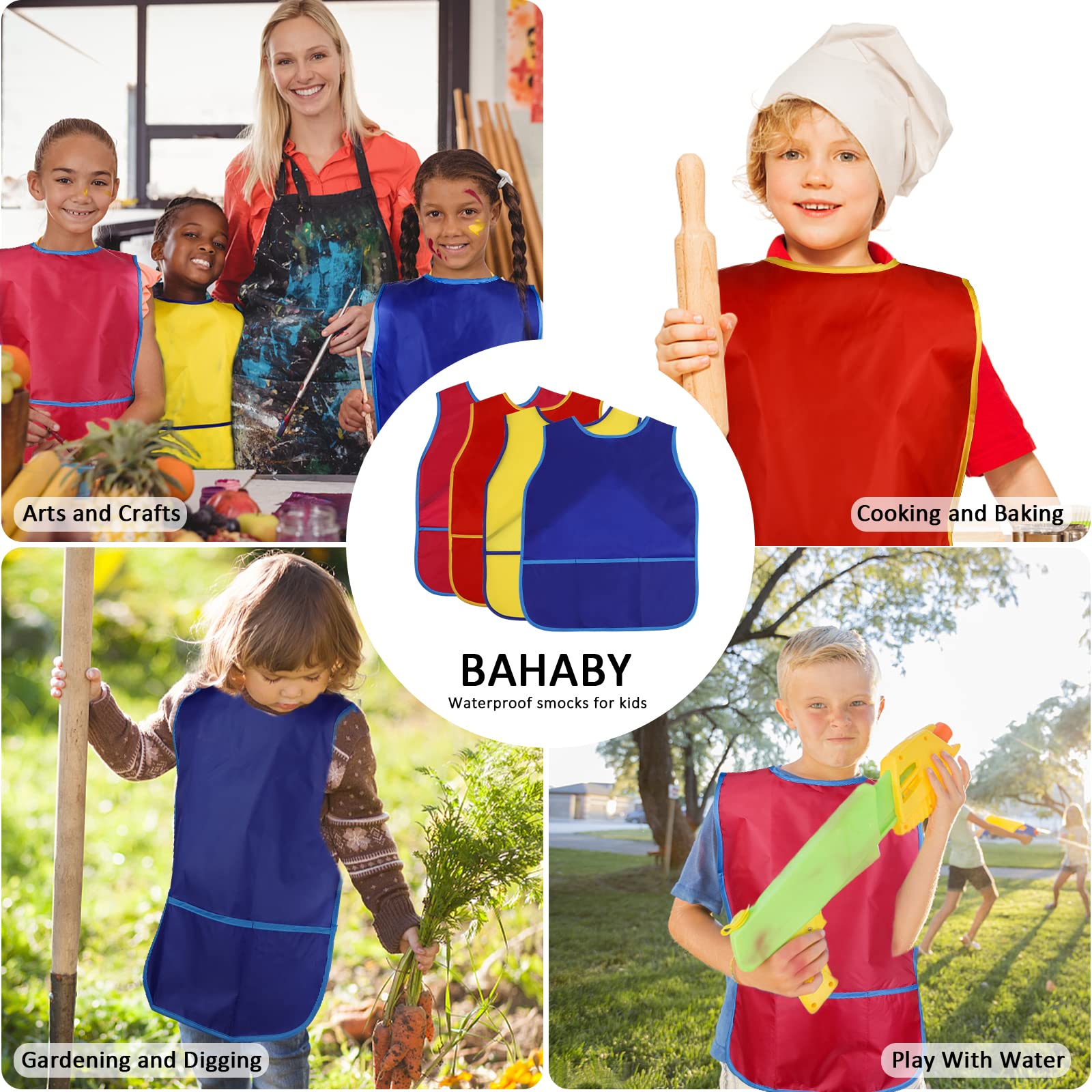 4Pcs Kids Art Smock Kids Apron Waterproof Painting Aprons with 3 Pockets Art Smocks for Kids 3-8 Years, 4 Colors
