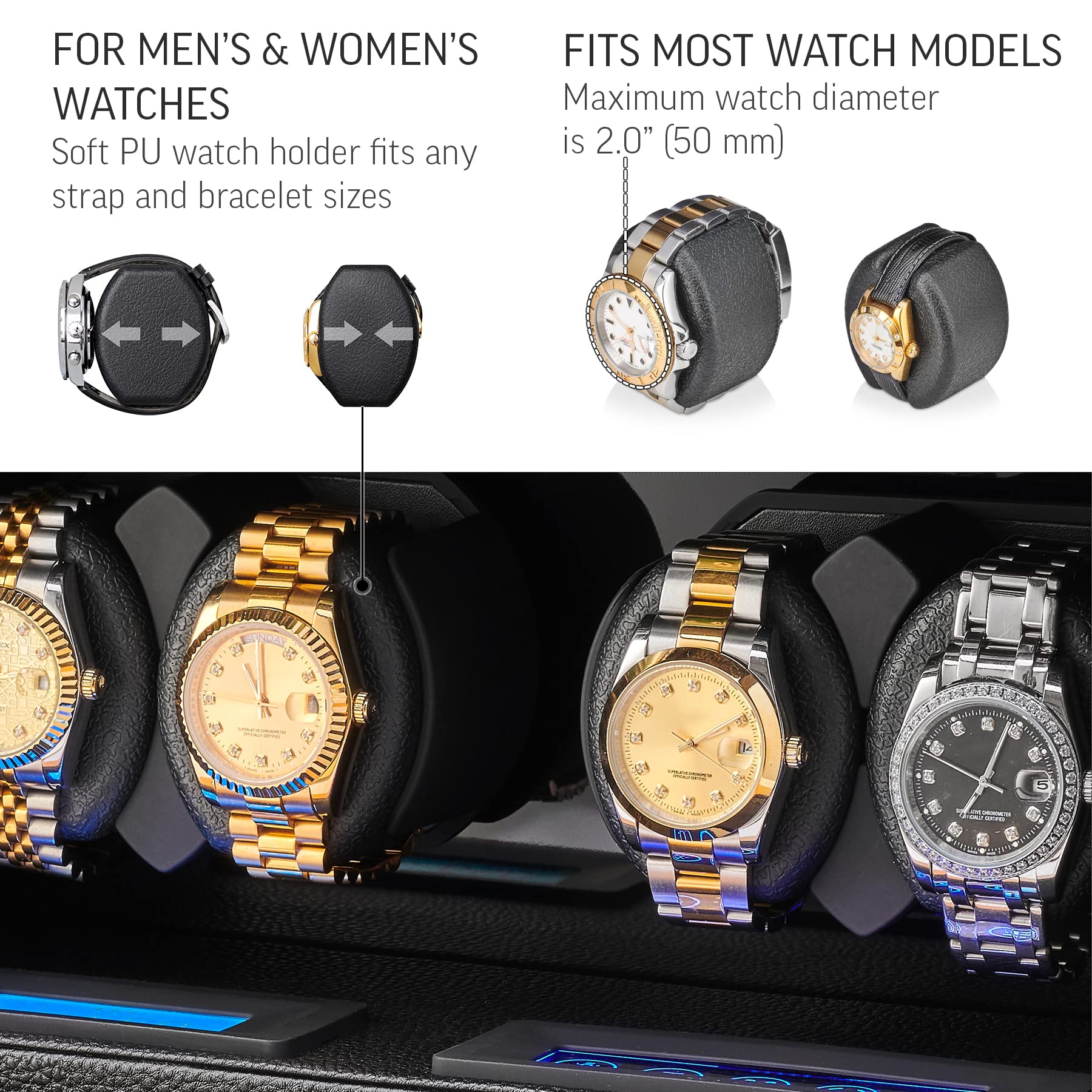 4 Watch Winder with 6 Storage Slots, Jewelry Organizer and LED Interior Light