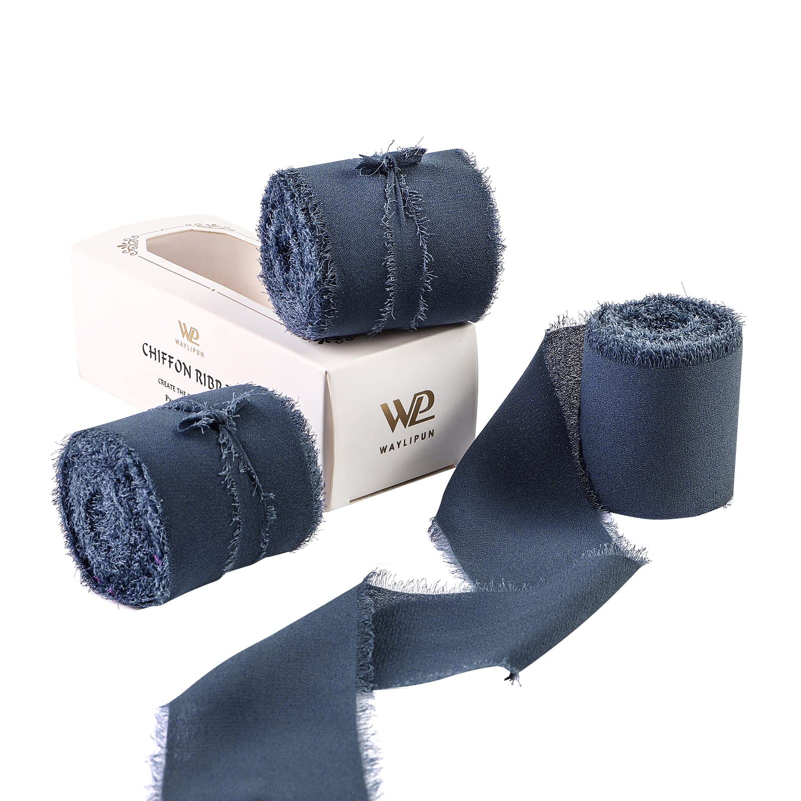 Waylipun Handmade Fringe Chiffon Ribbons, 3 Rolls 2" x 7Yd Total 21Yd Frayed Edge Fringe Smooth Ribbon for Wedding Invitations, Bridal Bouquets, Gifts Wrapping, DIY Crafts Decoration - Dusty Blue