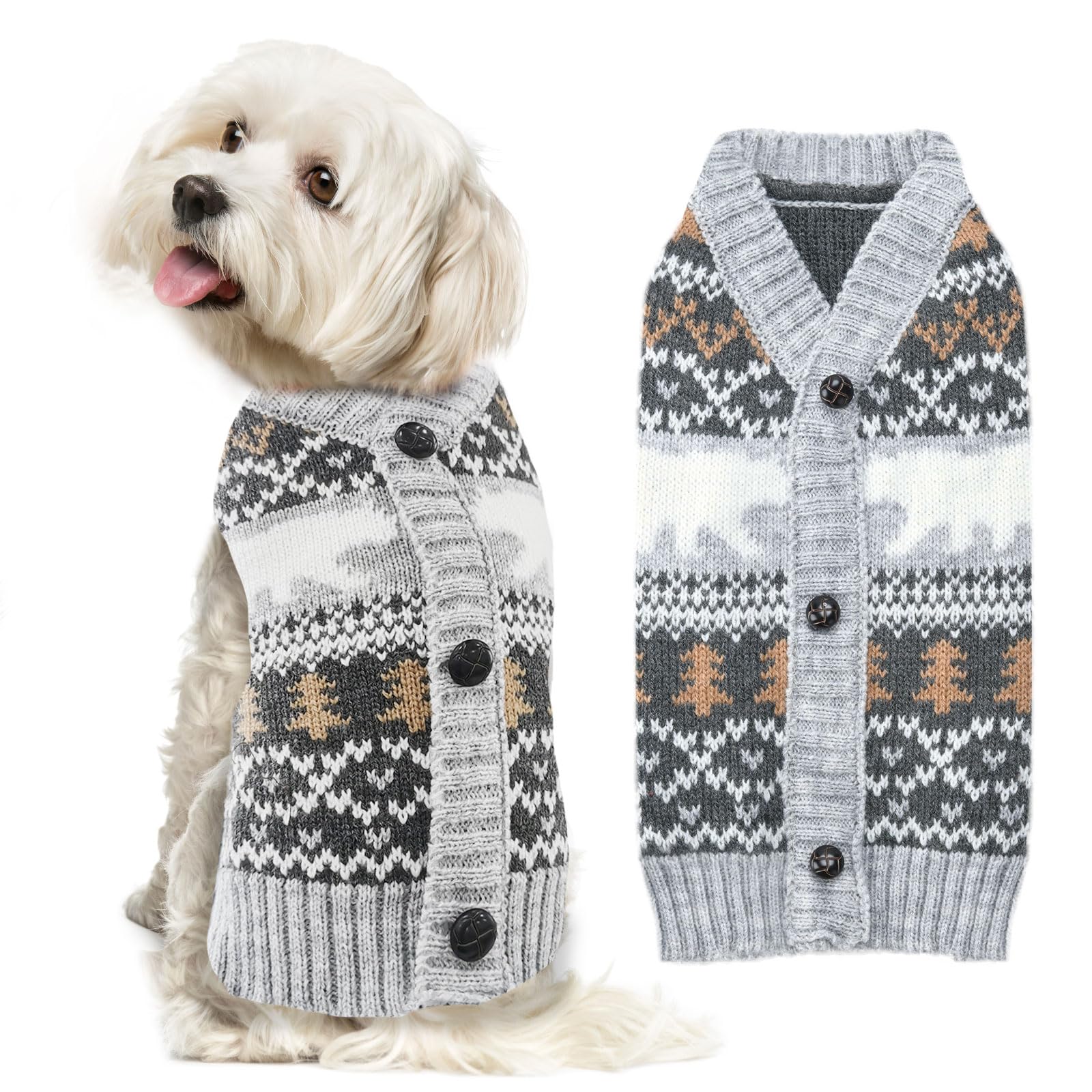 ABRRLO Dog Christmas Jumpers V neck Grey Puppy Cat Sweaters Cute Polar Bear Knitted Pet Clothes Xmas Costume Apparel for Small Medium Large Dogs(White Bear,S)