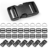 8 pack 3/4" Quick Side Release Buckles, Tri-Glide Slide Clip 16 PCS, 8 Metal D-Ring, Dual Adjustable No Sewing Clips, Plastic Buckles Replacement for Nylon Webbing Straps Backpack Belt Dog Collars