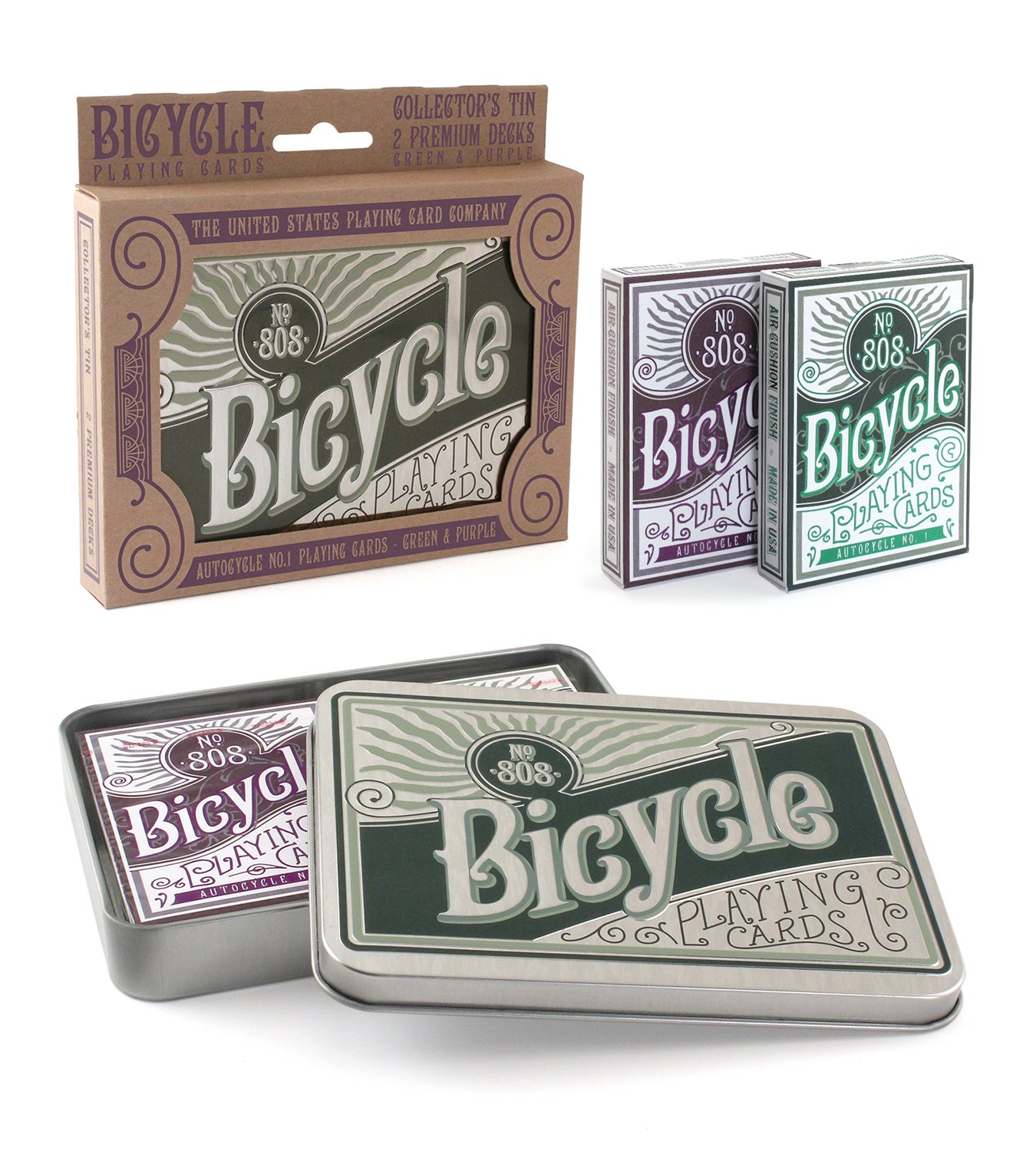 Bicycle Game's Retro Tin Playing Card Gift Set, Green and Purple, 62.5x88 mm