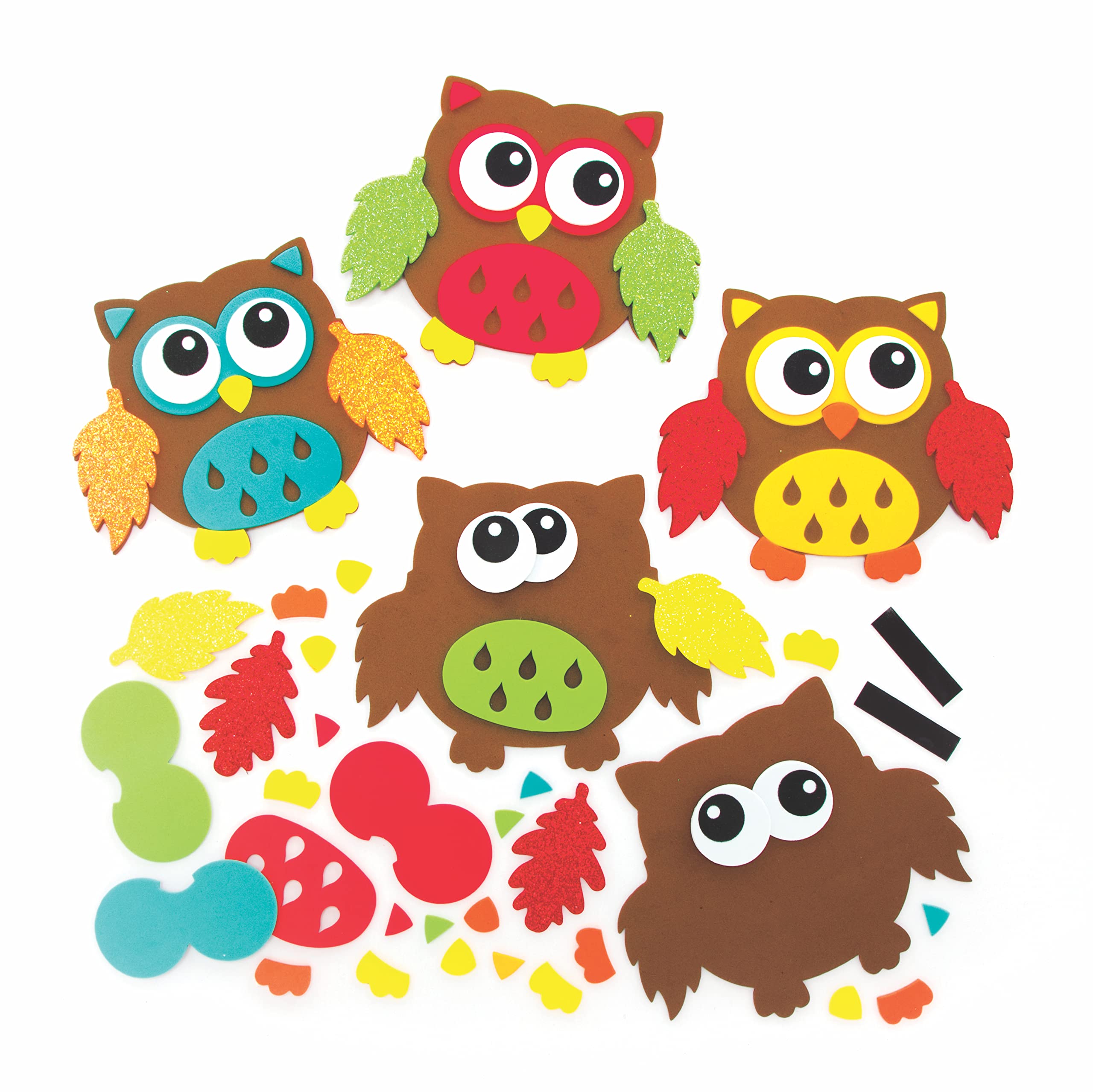 Baker Ross FE650 Autumn Owl Magnet Kits - Pack of 8, Make Your Own Magnets, Make Your Own Decorations, Creative Activities for Kids,Yellow,Green,Red