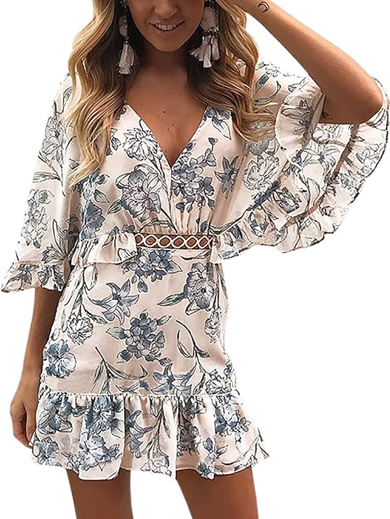 ECOWISH Damen Kleider V-Ausschnitt Sommerkleid Blumen Mini Strandkleid Boho Rüschen Fledermausärmel Freizeitkleider
