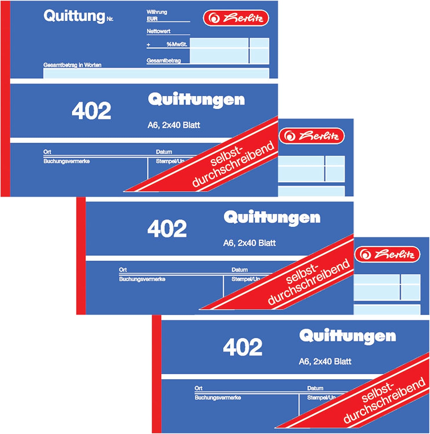 Herlitz Quittungsblock 402, selbstdurchschreibend, A6 quer, 2 x 40 Blatt (3 Stück)