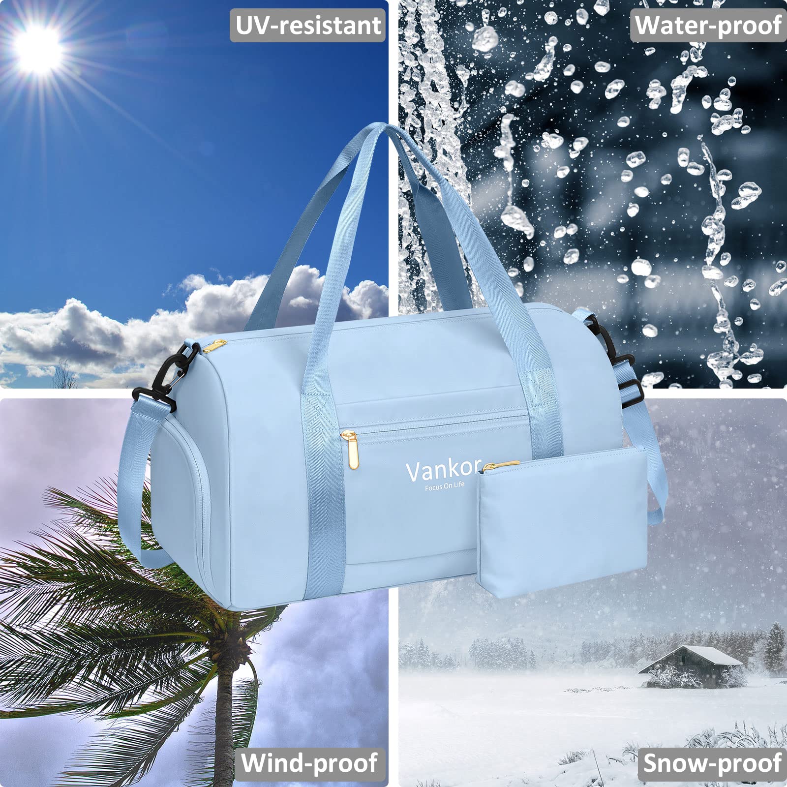 Gym Bag for Women with Shoe Compartment Waterproof, Sports Duffle Bag for Travel Duffel Weekender Carry on Beach Yoga Overnight Luggage Mommy Maternity Hospital Bag Blue 17.5 Inch