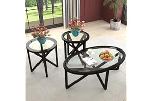 Fulocseny Wooden Coffee Table End Table Sets of 3 Oval Black Modern Living Room Table Set Tempered Glass Top Round Side Table, Black Brown