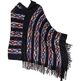 Velius Women Boho Striped Knitted Hooded Shrug Shawl Poncho Cape Sweater with Tassel