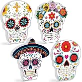 4 Pcs Day of the Dead Sugar Skull Decor Wooden Calaveras Mexicanas | Double-sided Skull Table Signs with Vibrant Floral Designs for Día de los Muertos Ofrenda Altar, Halloween Party Centerpiece