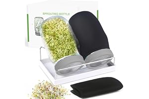 KITMIIDO Seed Sprouting Kit, 2 Large Wide Mouth Mason Jars with Sprout Lids, Blackout Sleeves, Drain Tray, Stainless Steel Stand, Sprouts Growing Kit for Bean, Broccoli, Alfalfa (Grey)