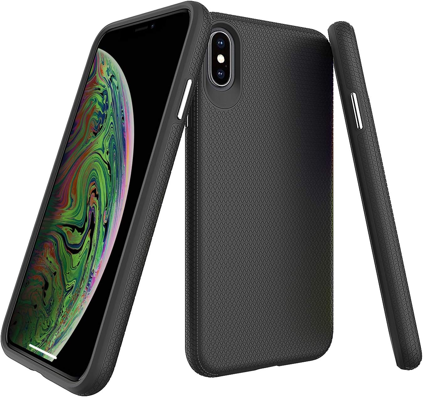 Molzar Shield Series iPhone Xs Max Case, Triangle Texture Grip, Built-in Metal Plate for Magnetic Car Phone Holder, Support Qi Wireless Charging, Compatible with Apple iPhone Xs Max, Black
