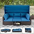 HOMREST 6 Pieces Patio Furniture Sets, Rattan Daybed with Retractable Canopy, Outdoor Sectional Sofa Set with Adjustable Backrest, Chaise Chair Sunbed for Garden Poolside Backyard (Blue)